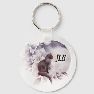 Black Cat by a Magical Full Moon Key Ring