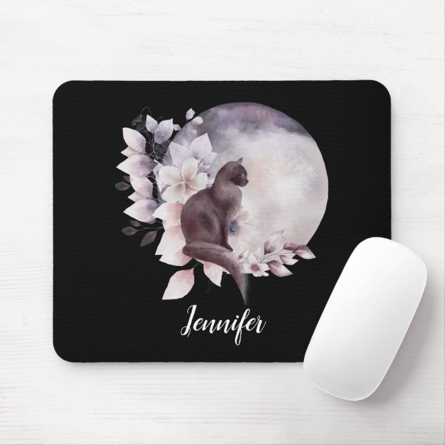 Black Cat by a Magical Full Moon Mouse Pad (With Mouse)