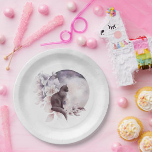 Black Cat by a Magical Full Moon  Paper Plate