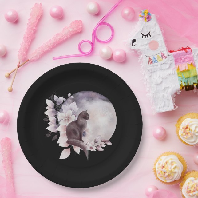 Black Cat by a Magical Full Moon Paper Plate (Party)