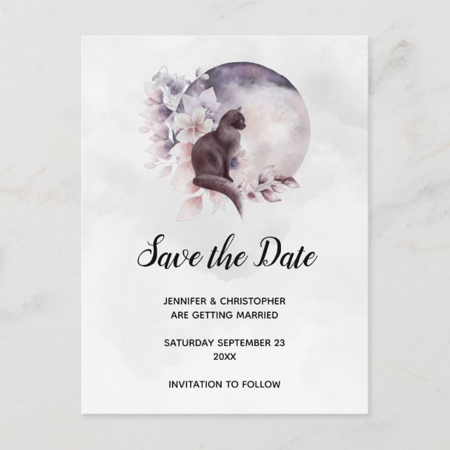 Black Cat by a Magical Full Moon Save the Date Invitation Postcard (Front)