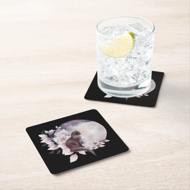 Black Cat by a Magical Full Moon Square Paper Coaster (Insitu)