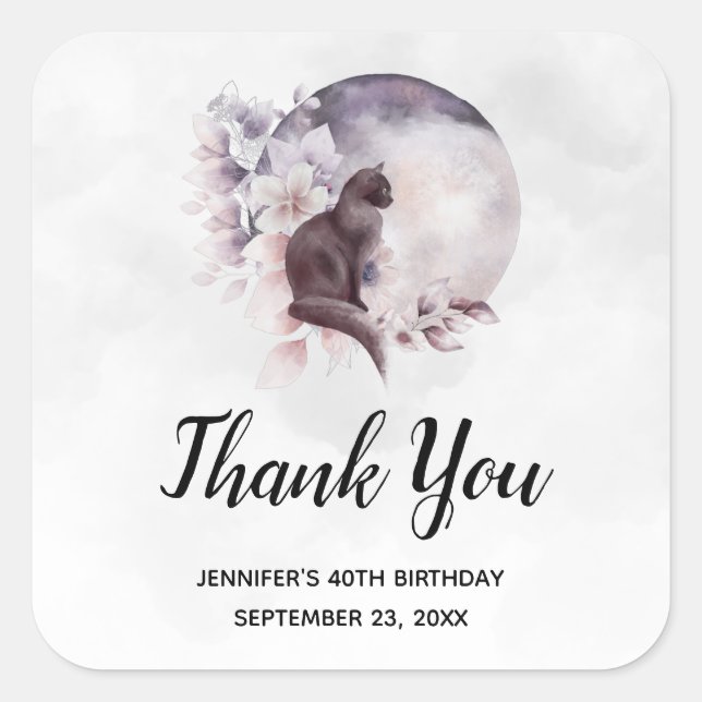 Black Cat by a Magical Full Moon Thank You Square Sticker (Front)