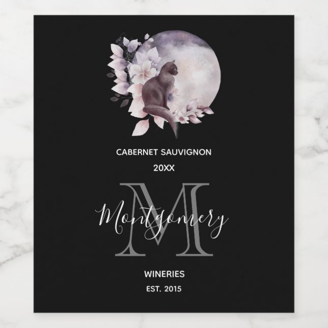 Black Cat by a Magical Full Moon Wine Making Label (Single Label)