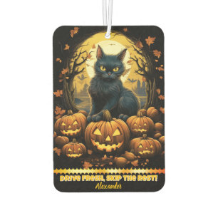 Black cat by jack-o'-lanterns at night car air freshener