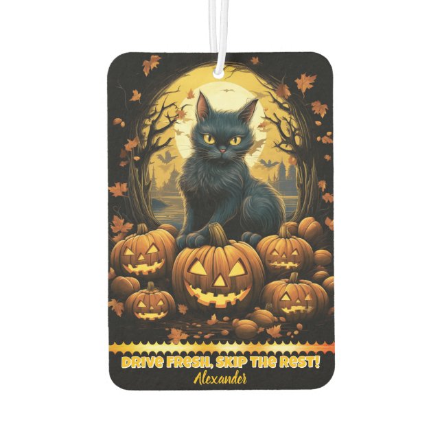 Black cat by jack-o'-lanterns at night car air freshener (Back)