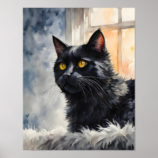 Black Cat by Window Art Print Cozy Feline Wall Art