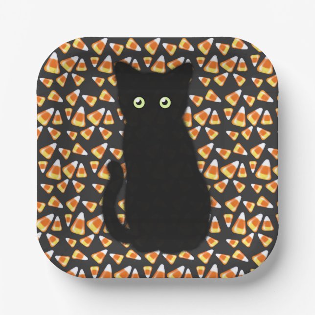 Black cat, Candy corn pattern, Halloween fun    Paper Plate (Front)