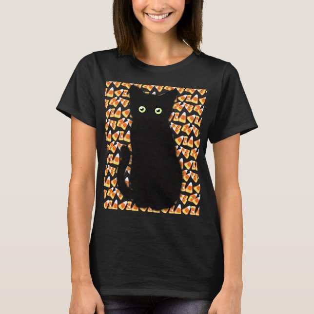 Black cat, Candy corn pattern, Halloween fun  T-Shirt (Front)
