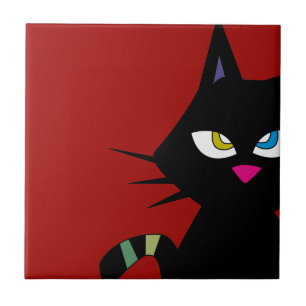 Black Cat Cartoon on Red Ceramic Tile