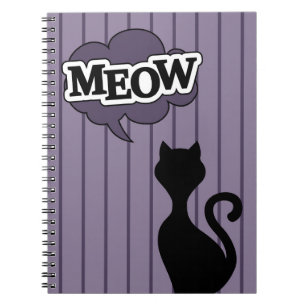 Black cat cartoon purple meow quote notebook