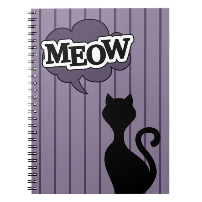 Black cat cartoon purple meow quote notebook (Front)