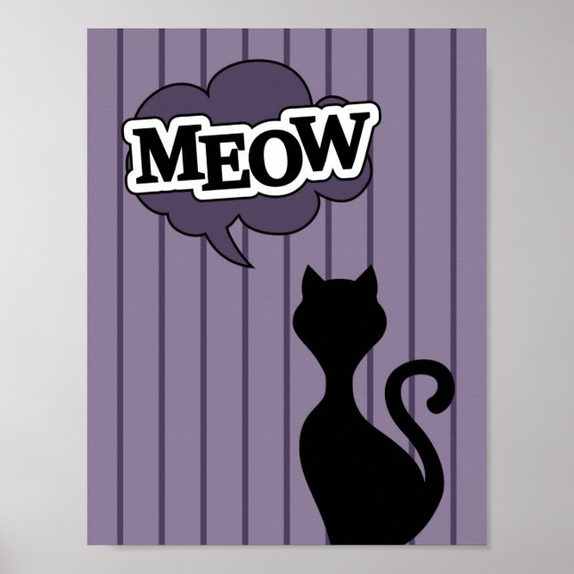 Black cat cartoon purple speech bubble meow poster (Front)