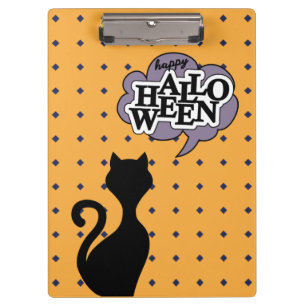 Black cat cartoon says happy halloween clipboard