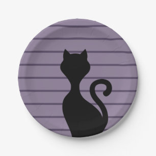 Black cat cartoon silhouette purple stripes paper plate