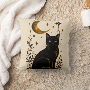 Black Cat Celestial Moon Gothic Botanical Cushion