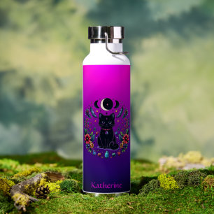 Black Cat Celestial Mystical Purple Pink Water Bottle