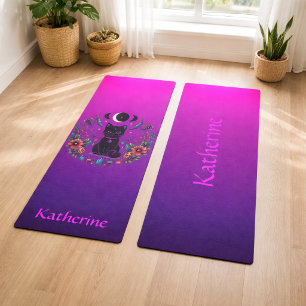 Black Cat Celestial Mystical Purple Pink Yoga Mat