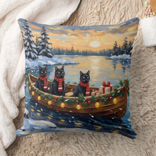 Black Cat Christmas Boat Holiday Cushion (Blanket)