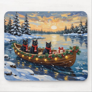 Black Cat Christmas Boat Holiday Mouse Pad