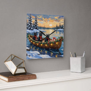 Black Cat Christmas Boat Holiday Square Wall Clock