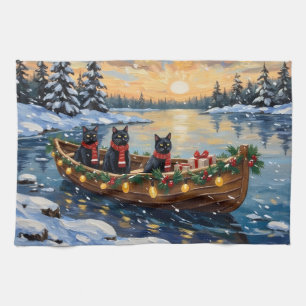 Black Cat Christmas Boat Holiday Tea Towel