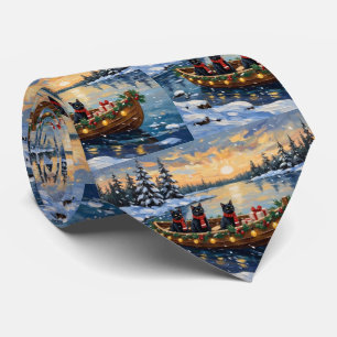 Black Cat Christmas Boat Holiday Tie