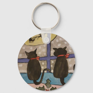 Black Cat Christmas Button Key Ring
