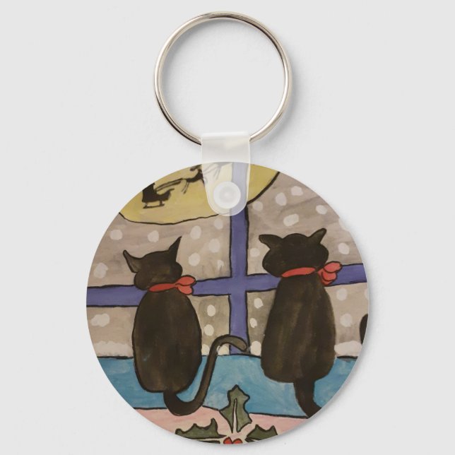 Black Cat Christmas Button Key Ring (Front)