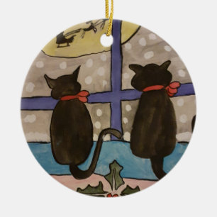 Black Cat Christmas  Ceramic Ornament