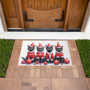 Black Cat Christmas Dress Santa Hat Doormat