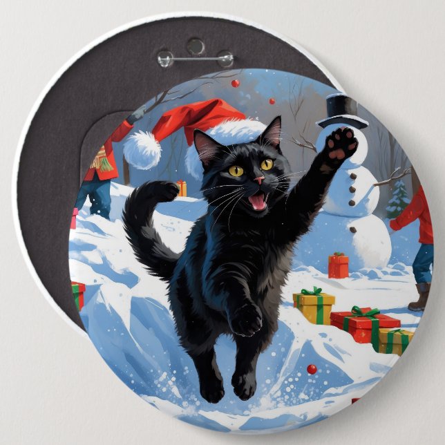 Black Cat Christmas Festive Snow Scene 6 Cm Round Badge (Front & Back)