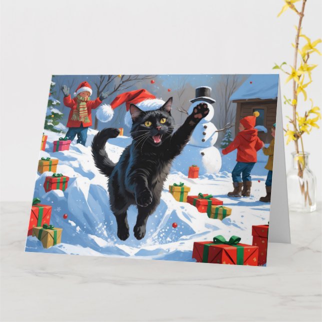 Black Cat Christmas Festive Snow Scene Card (Yellow Flower)