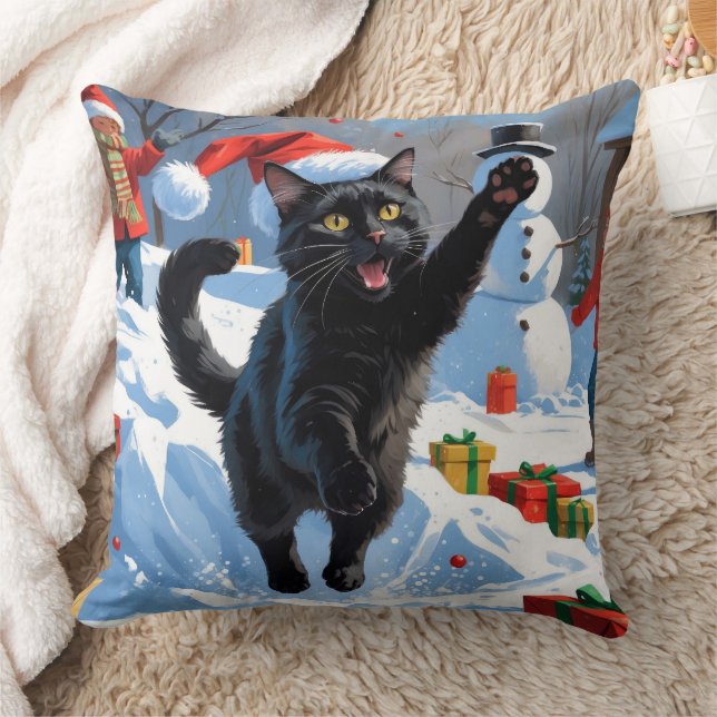 Black Cat Christmas Festive Snow Scene Cushion (Blanket)
