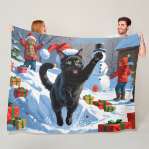 Black Cat Christmas Festive Snow Scene Fleece Blanket