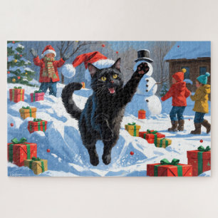 Black Cat Christmas Festive Snow Scene Jigsaw Puzzle