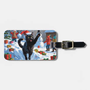 Black Cat Christmas Festive Snow Scene Luggage Tag