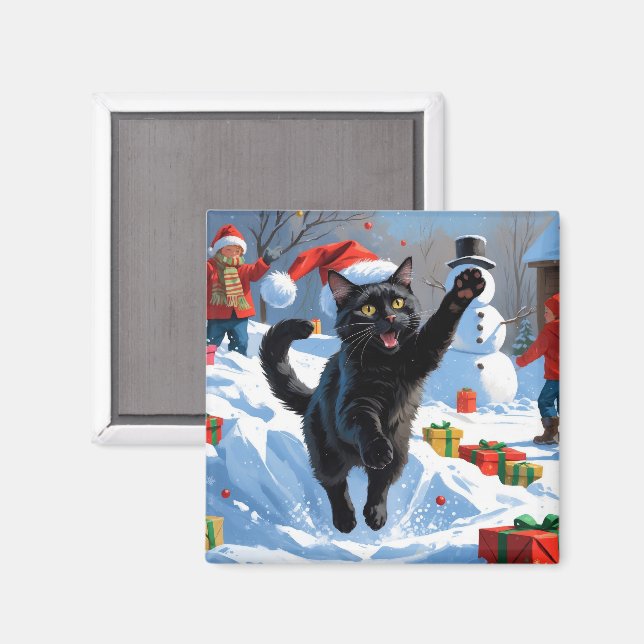 Black Cat Christmas Festive Snow Scene Magnet (Front/Back)