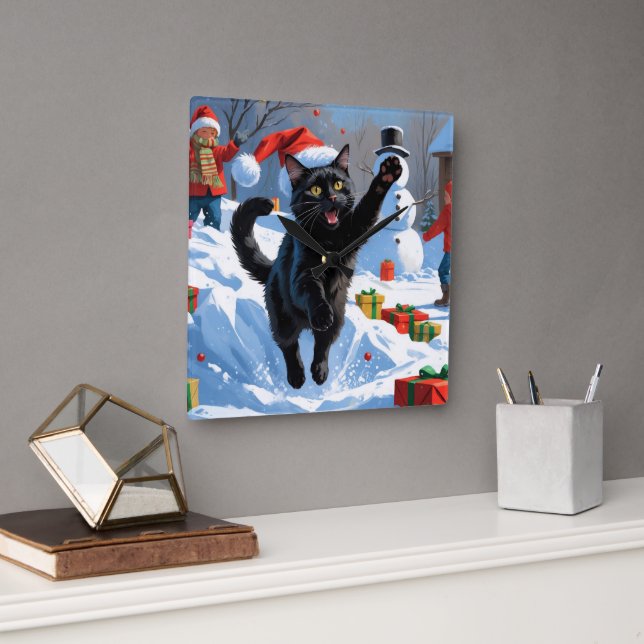 Black Cat Christmas Festive Snow Scene Square Wall Clock (Office)
