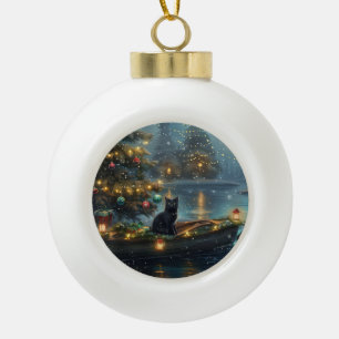 Black Cat Christmas Festive Voyage Ceramic Ball Christmas Ornament