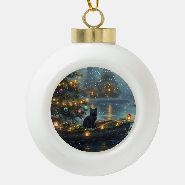 Black Cat Christmas Festive Voyage Ceramic Ball Christmas Ornament (Front)
