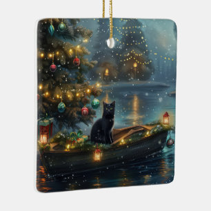 Black Cat Christmas Festive Voyage Ceramic Ornament