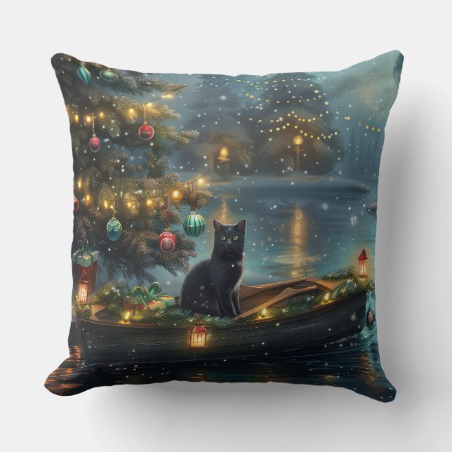 Black Cat Christmas Festive Voyage Cushion (Front)
