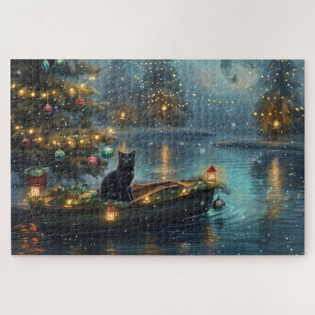 Black Cat Christmas Festive Voyage Jigsaw Puzzle (Horizontal)