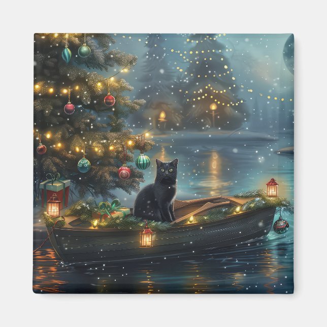 Black Cat Christmas Festive Voyage Magnet (Front)