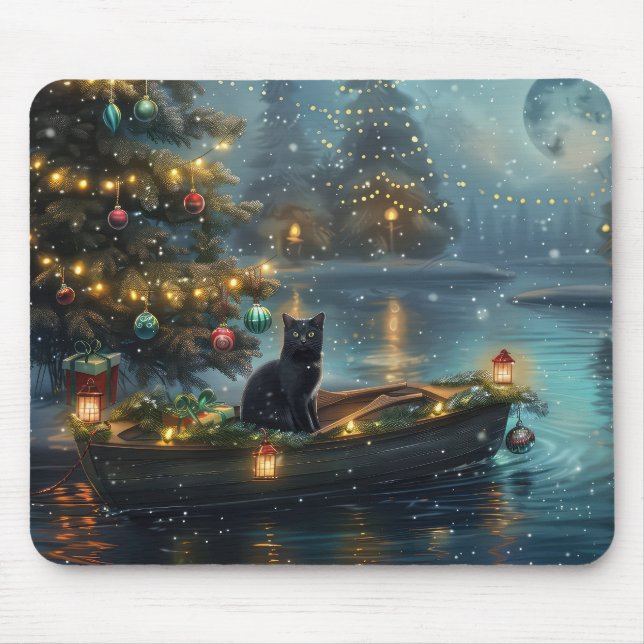 Black Cat Christmas Festive Voyage Mouse Pad (Front)