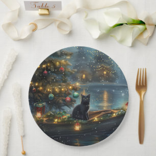 Black Cat Christmas Festive Voyage Paper Plate