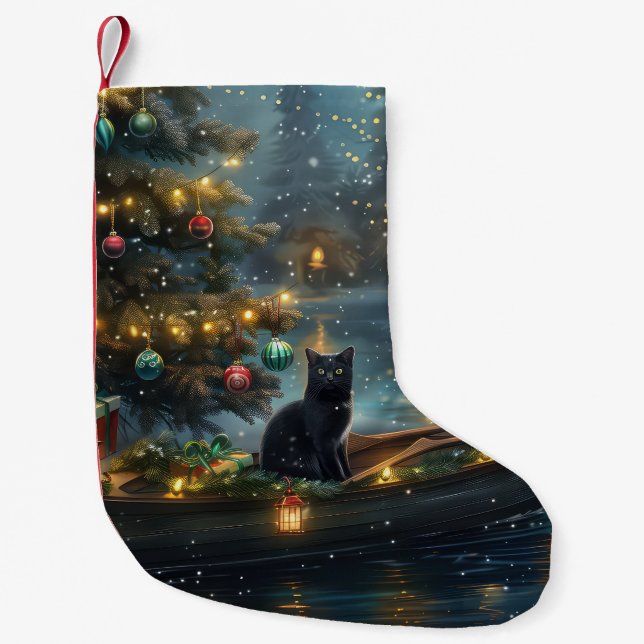 Black Cat Christmas Festive Voyage Small Christmas Stocking (Front)