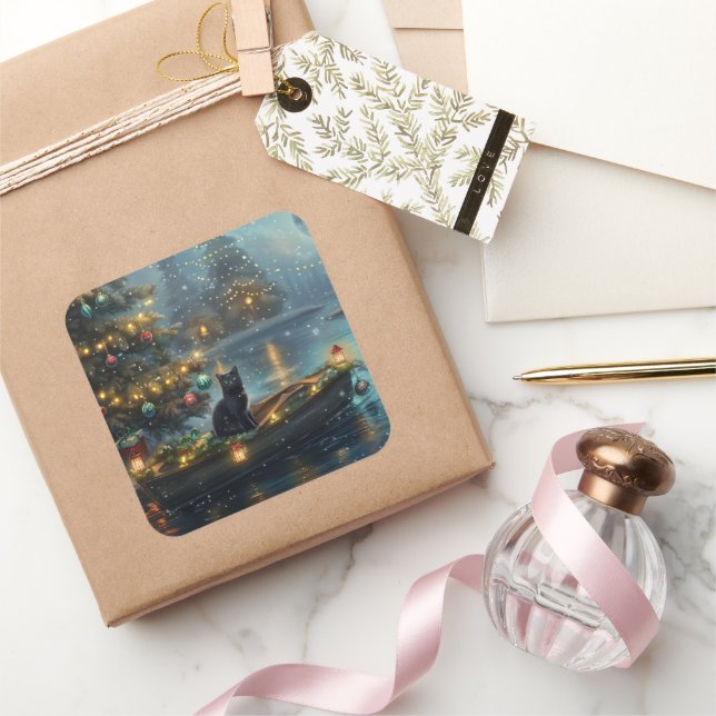 Black Cat Christmas Festive Voyage Square Sticker (Gifting)