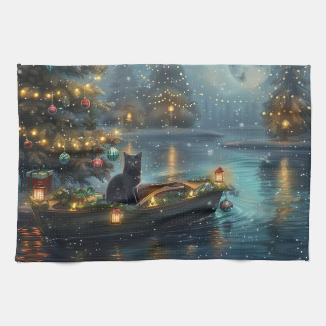 Black Cat Christmas Festive Voyage Tea Towel (Horizontal)